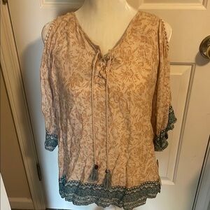 Democracy Relaxed Tan Green Tie Front Tunic